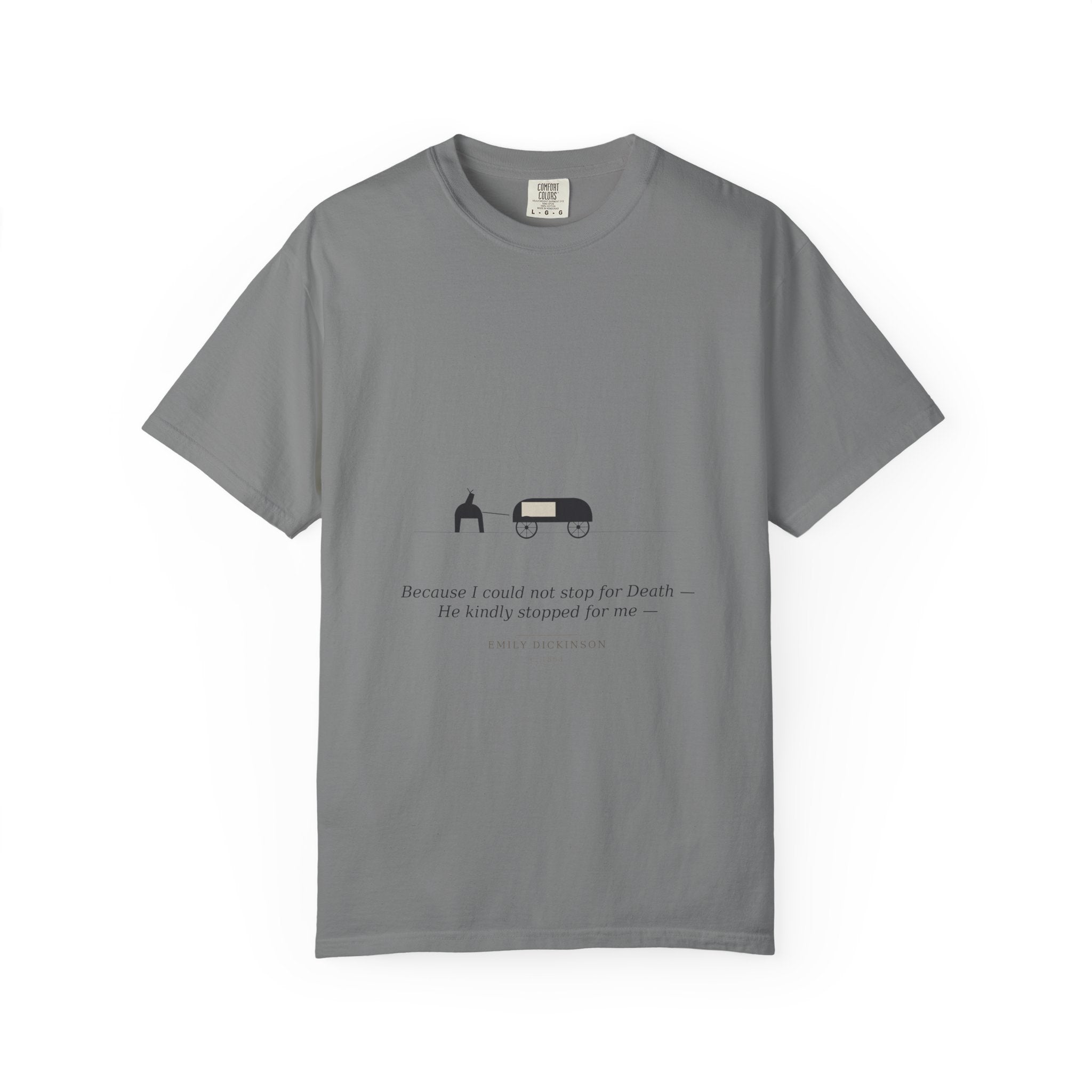 Dickinson t-shirt detail — carriage at dusk poem print for book lovers