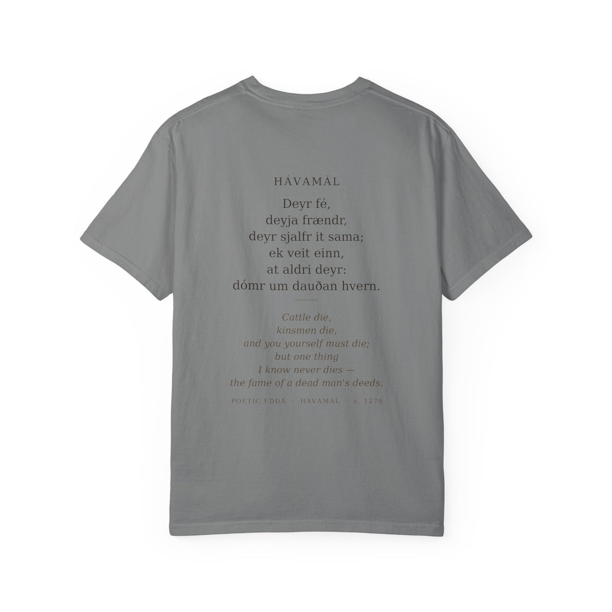 Back of the grey Hávamál tee — the full Hávamál verse in Old Norse with its English translation