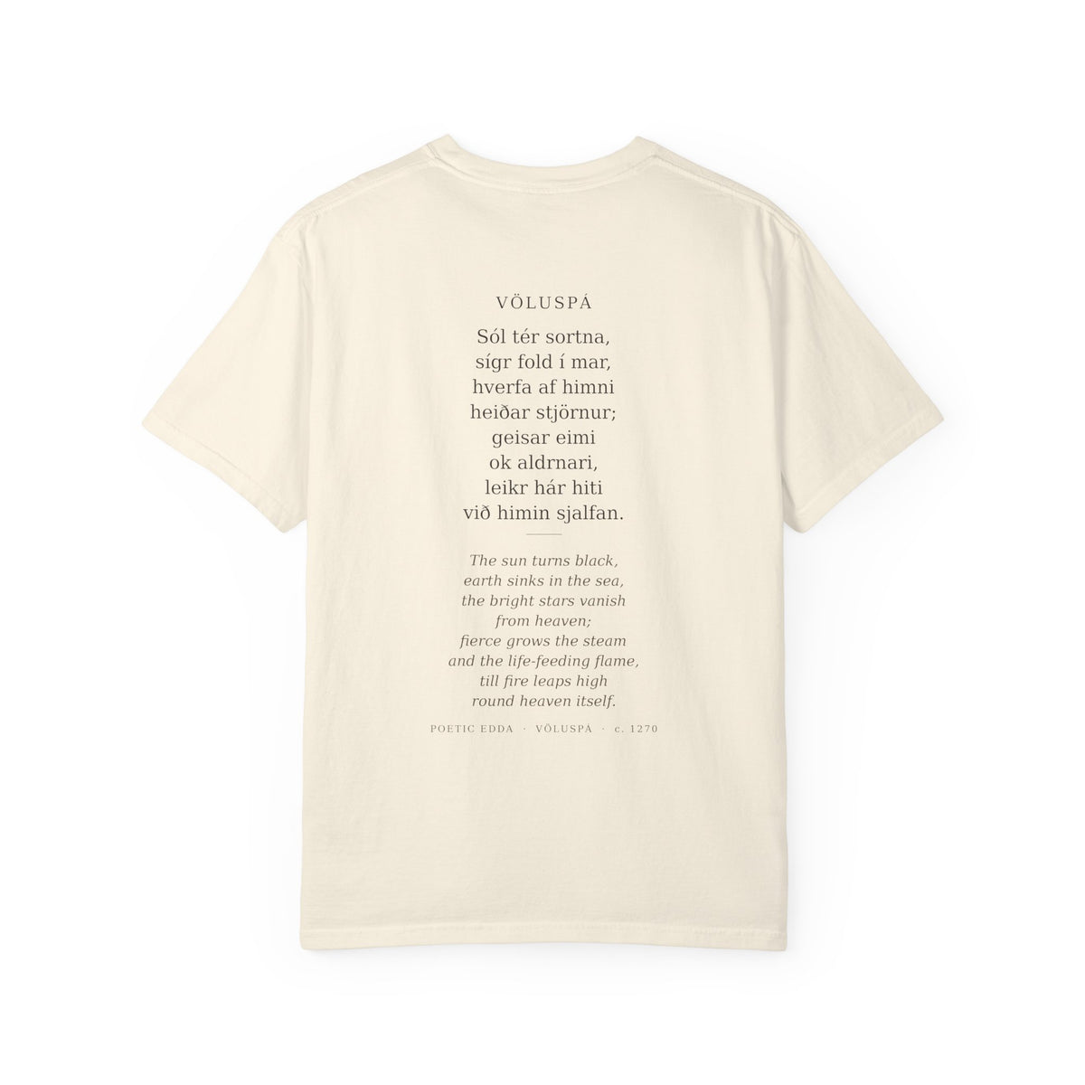 Back of the ivory Völuspá tee — the full verse in Old Norse with its English translation