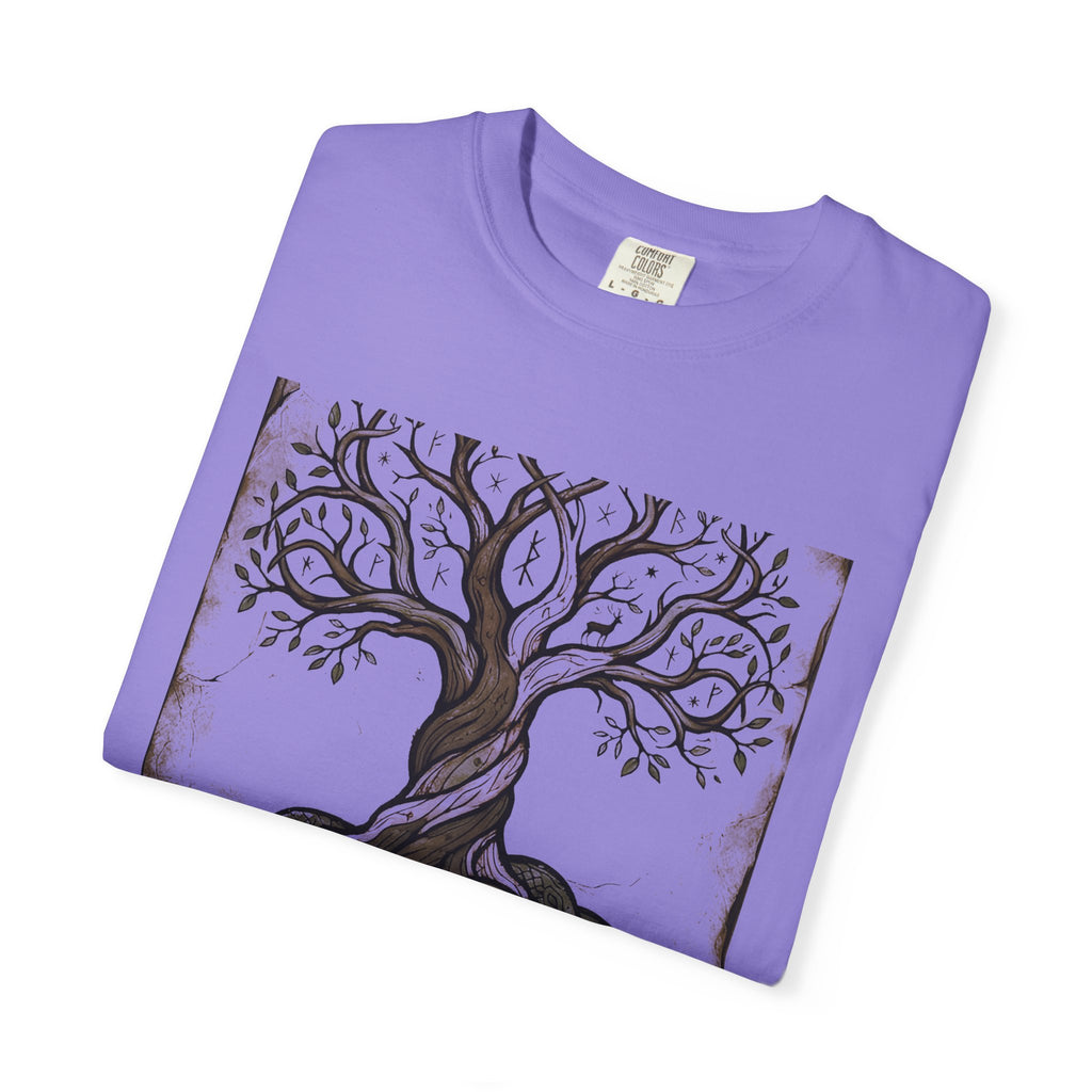 Folded violet Völuspá tee showing the woodcut Yggdrasil print