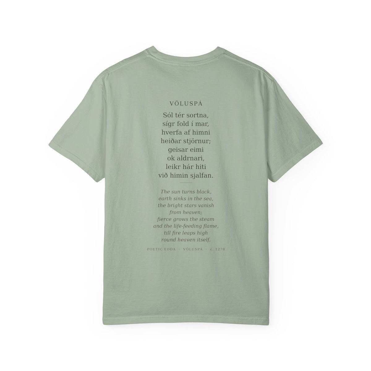 Back of the sage green Völuspá tee — the full verse in Old Norse with its English translation
