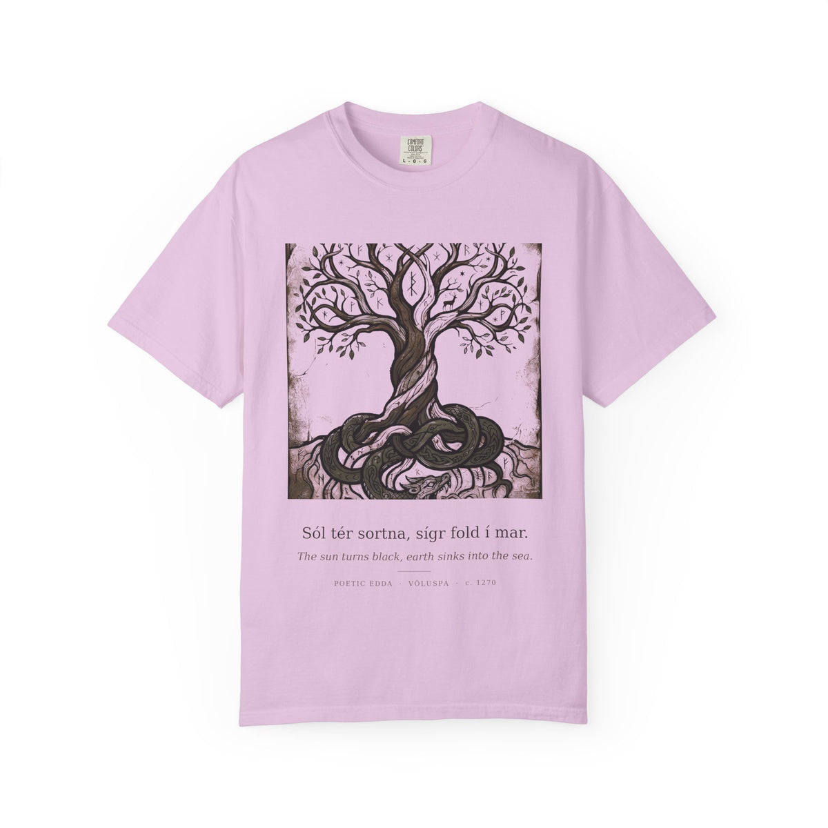 Völuspá tee by Palimpsest — a woodcut Yggdrasil above 'the sun turns black' in Old Norse, on an orchid shirt