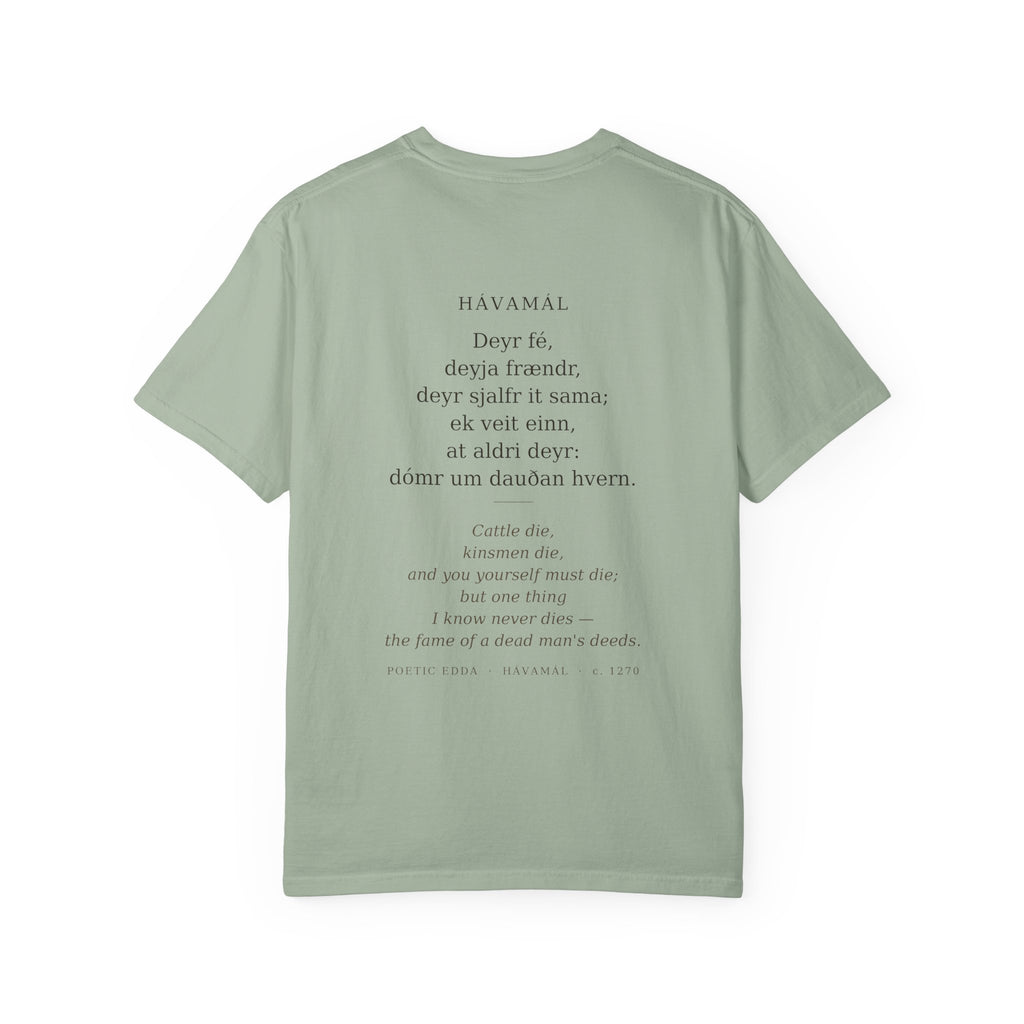 Back of the sage green Hávamál tee — the full Hávamál verse in Old Norse with its English translation