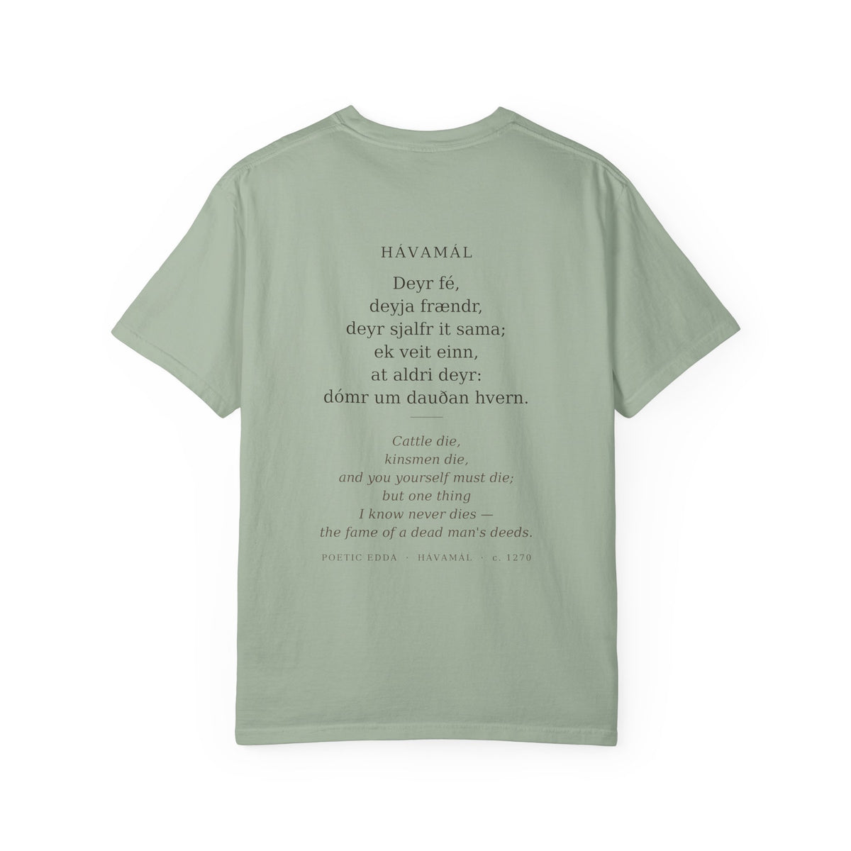 Back of the sage green Hávamál tee — the full Hávamál verse in Old Norse with its English translation
