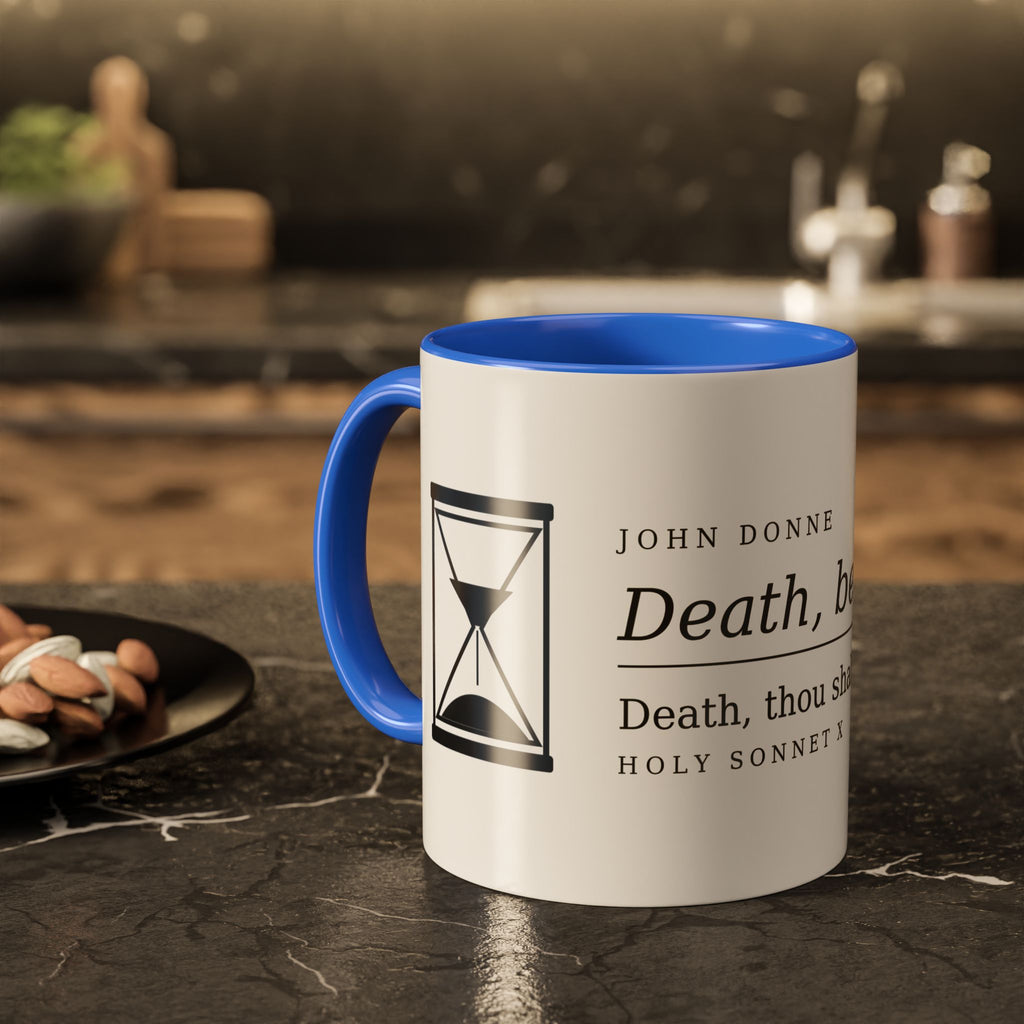 Death Be Not Proud mug with a blue handle on a dark kitchen counter