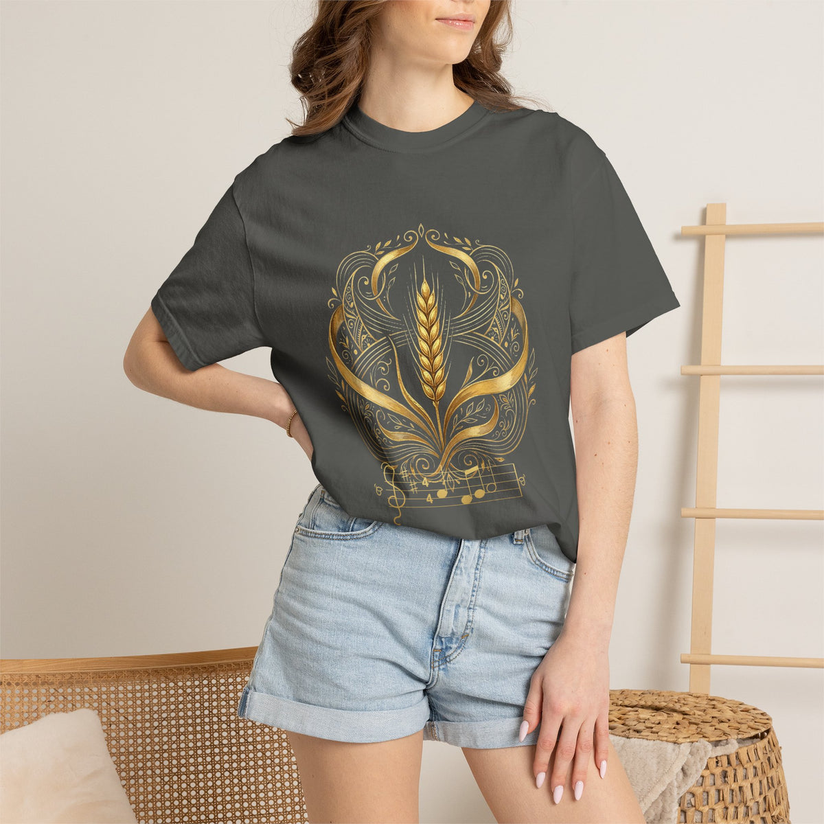 Model wearing the charcoal Prayer for Ukraine tee by Palimpsest