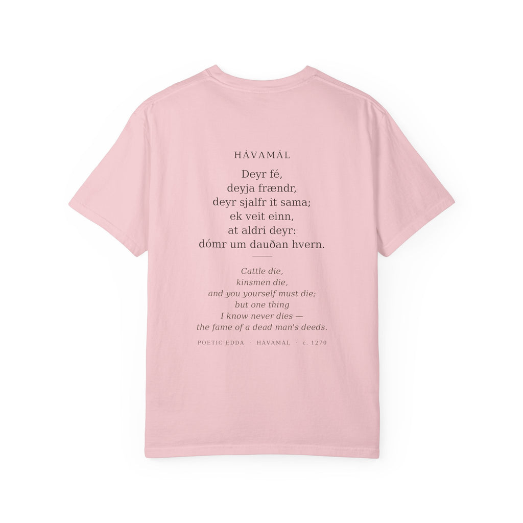 Back of the blossom pink Hávamál tee — the full Hávamál verse in Old Norse with its English translation