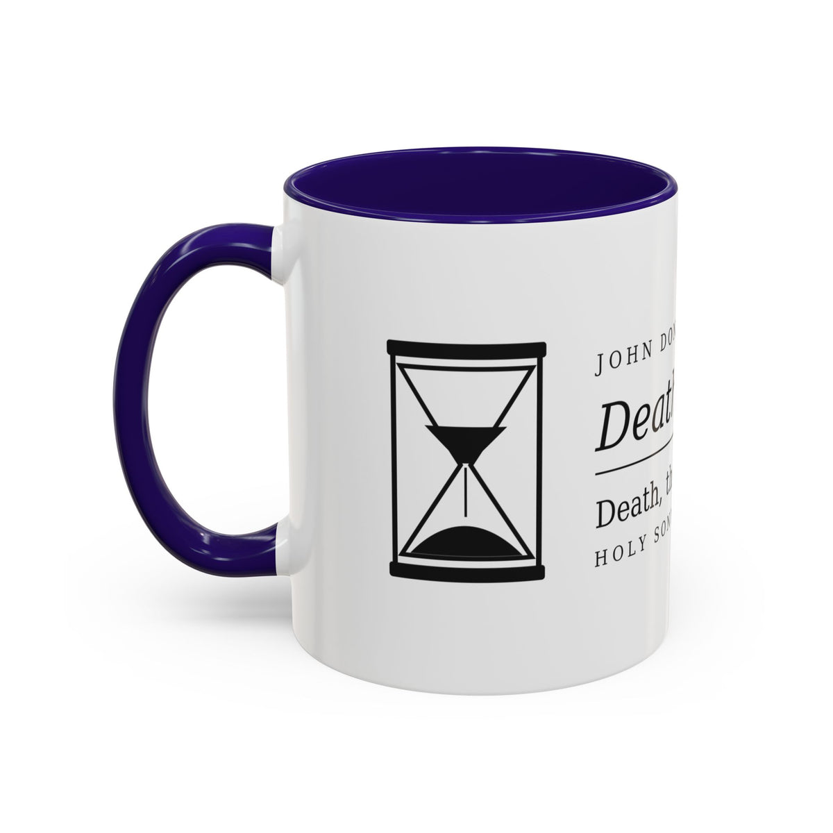 Death Be Not Proud mug, purple handle — the engraved hourglass on the reverse