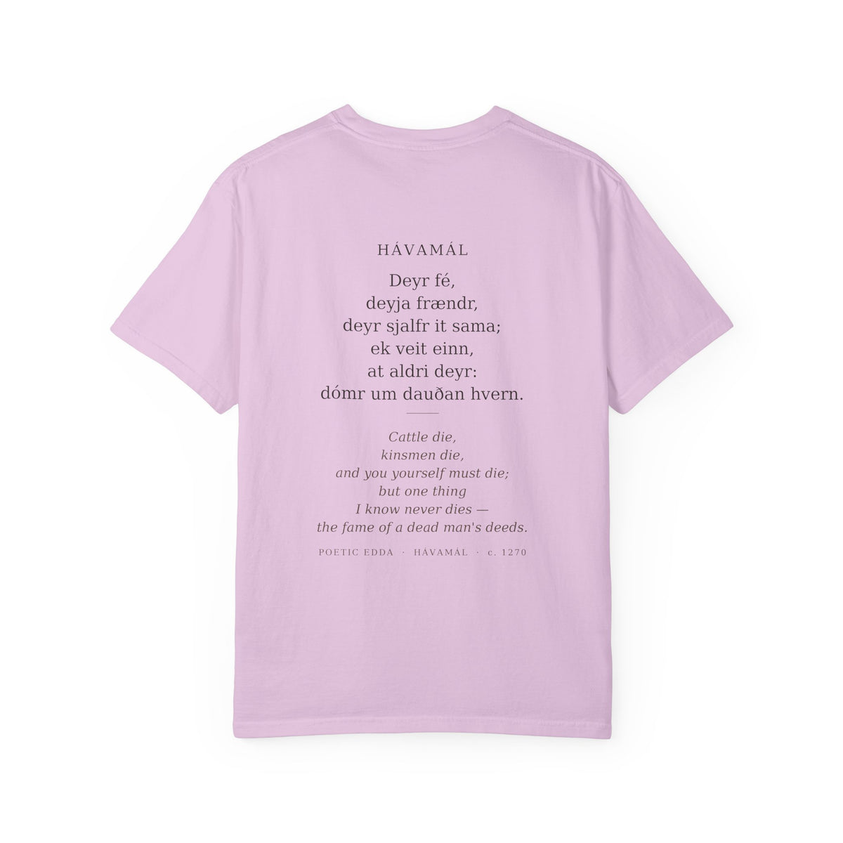 Back of the orchid Hávamál tee — the full Hávamál verse in Old Norse with its English translation