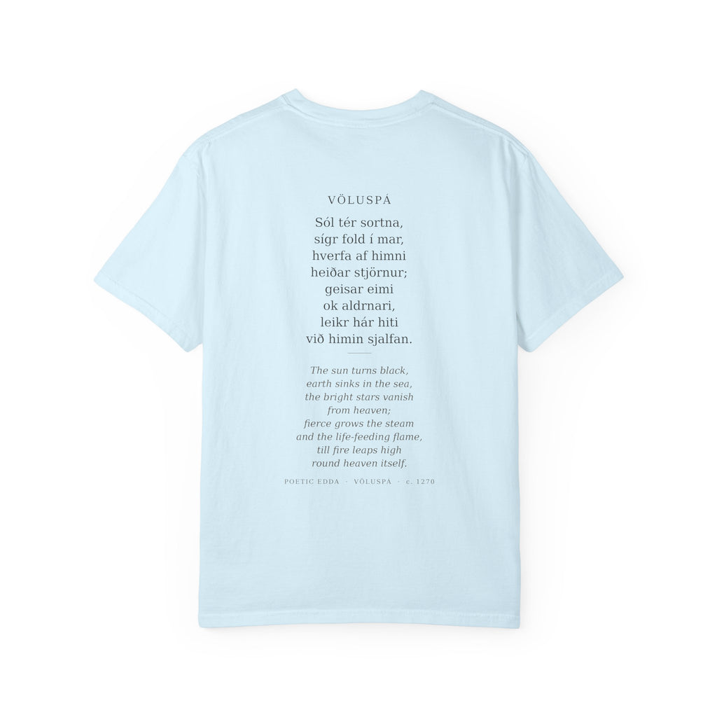 Back of the pale blue Völuspá tee — the full verse in Old Norse with its English translation