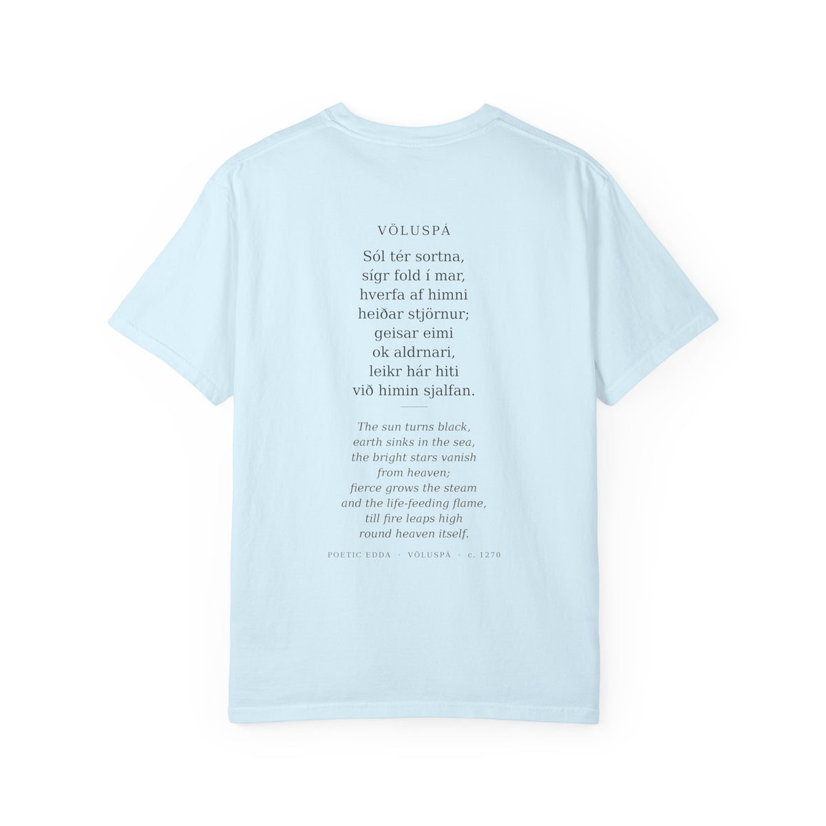 Back of the pale blue Völuspá tee — the full verse in Old Norse with its English translation