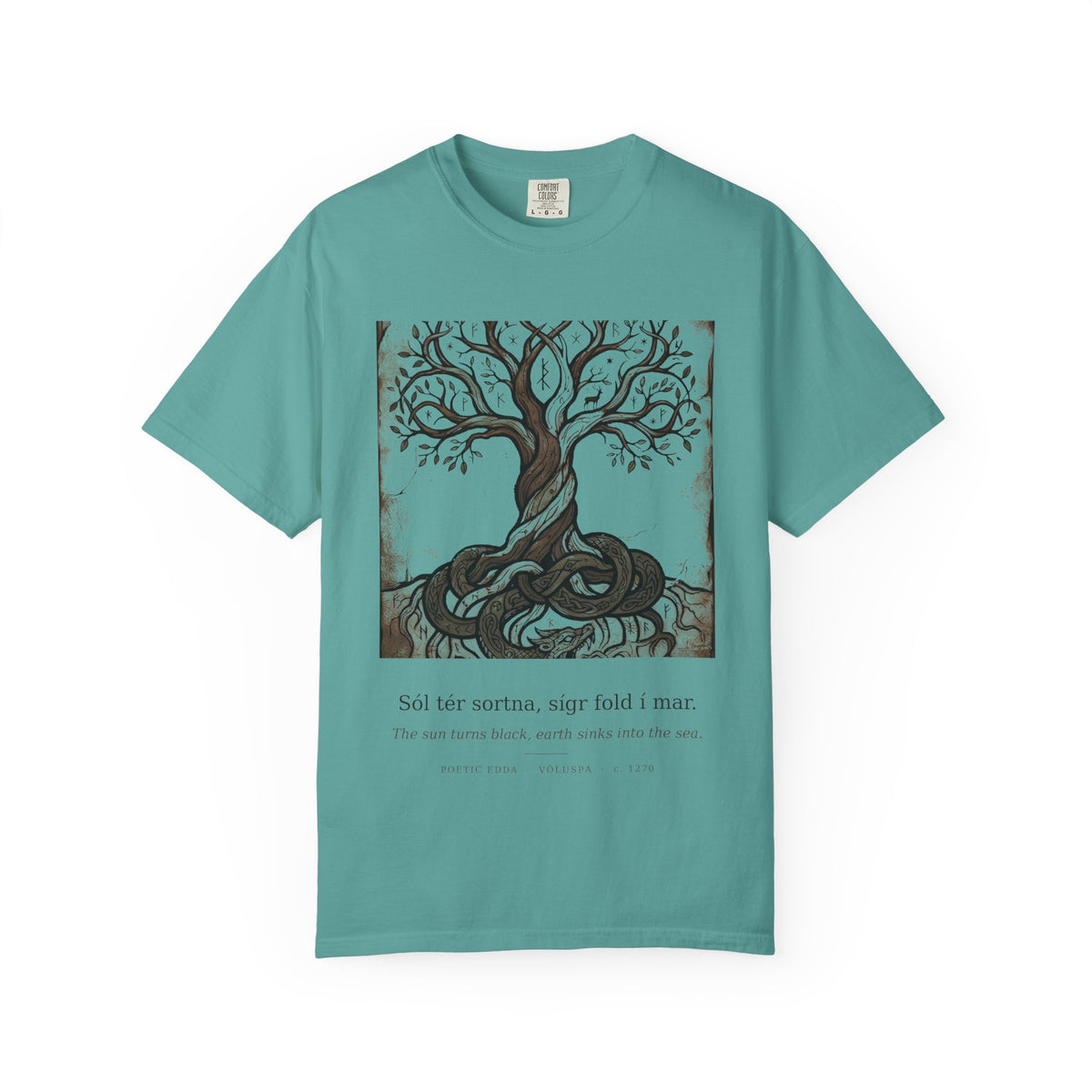 Völuspá tee by Palimpsest — a woodcut Yggdrasil above 'the sun turns black' in Old Norse, on a jade green shirt