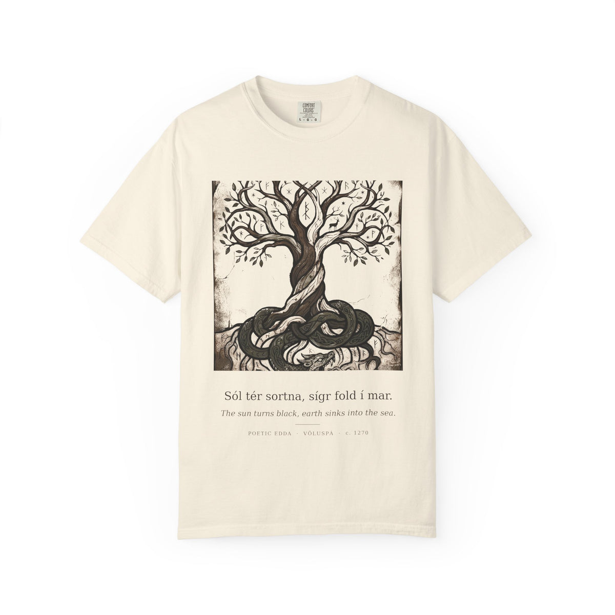 Völuspá tee by Palimpsest — a woodcut Yggdrasil above 'the sun turns black' in Old Norse, on an ivory shirt