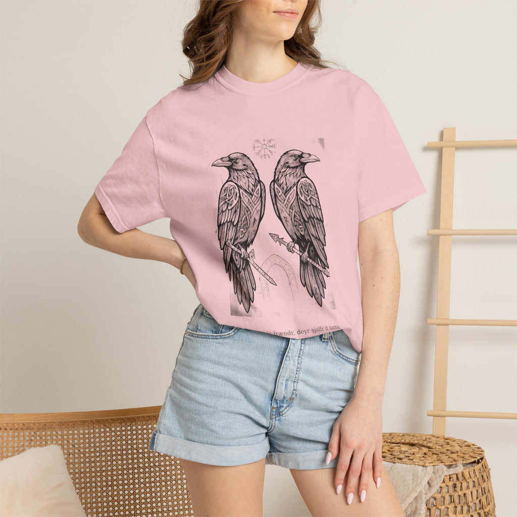 Model wearing the blossom pink Hávamál tee by Palimpsest
