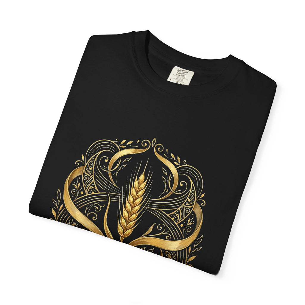 Folded black Prayer for Ukraine tee showing the front print