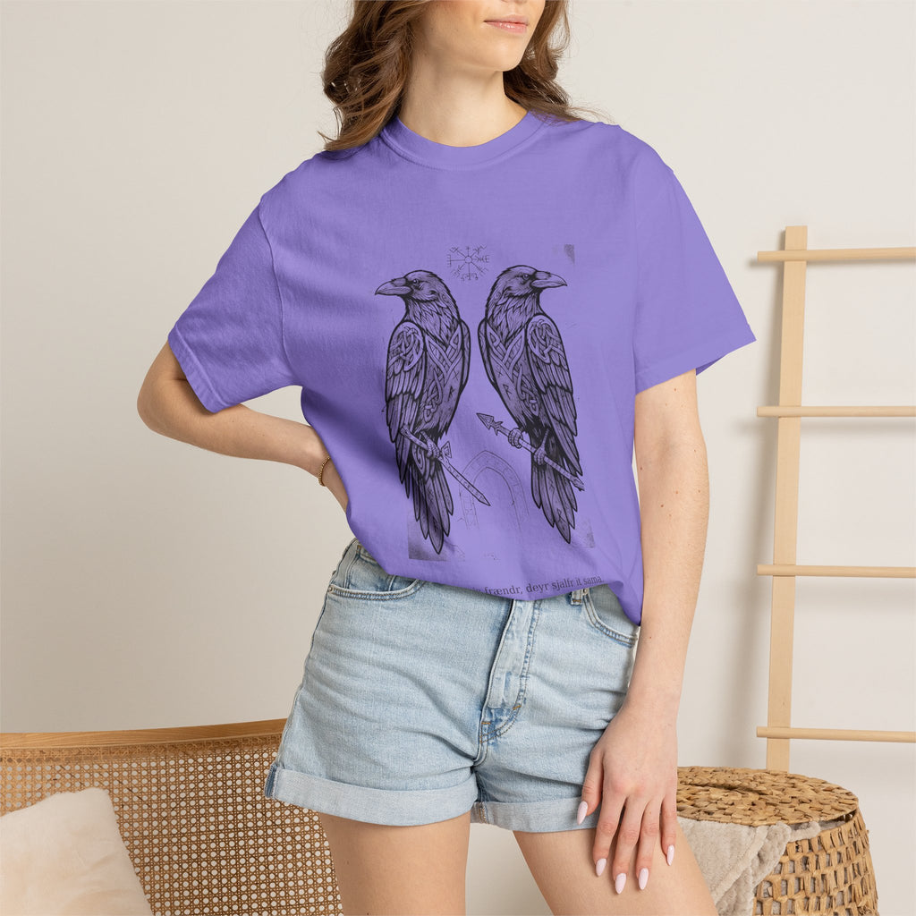 Model wearing the violet Hávamál tee by Palimpsest