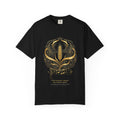 Prayer for Ukraine tee by Palimpsest — a gold wheat sheaf and art-nouveau scrollwork with the opening bars, on a black shirt