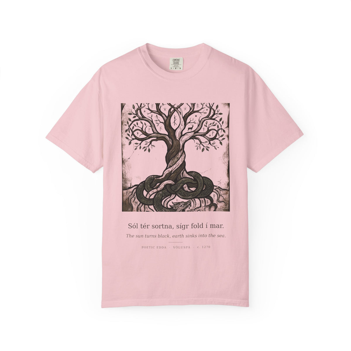 Völuspá tee by Palimpsest — a woodcut Yggdrasil above 'the sun turns black' in Old Norse, on a blossom pink shirt