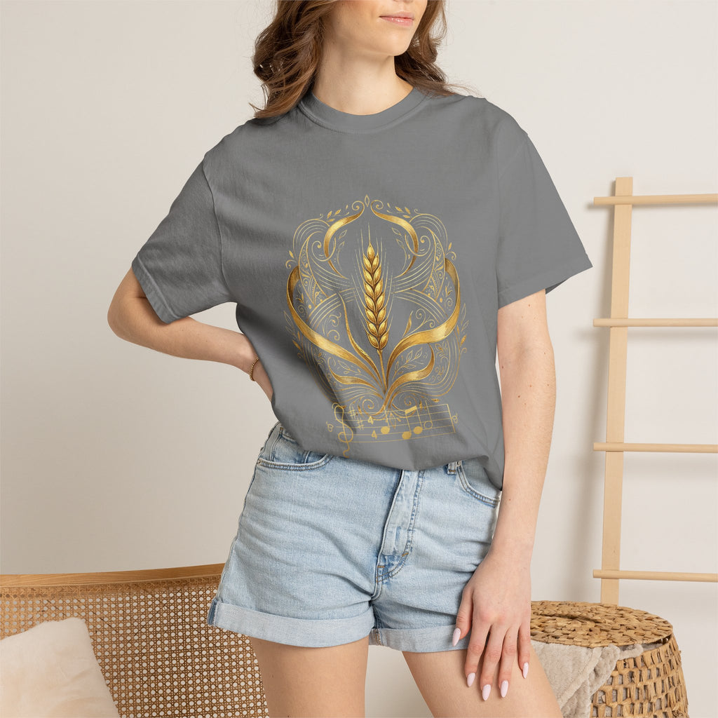 Model wearing the grey Prayer for Ukraine tee by Palimpsest