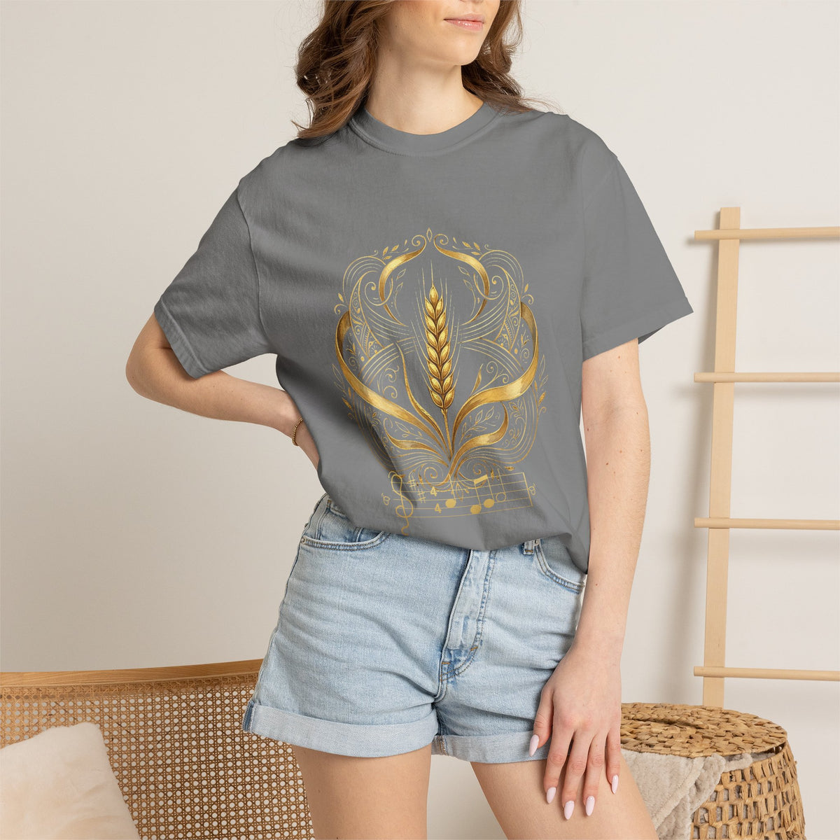 Model wearing the grey Prayer for Ukraine tee by Palimpsest