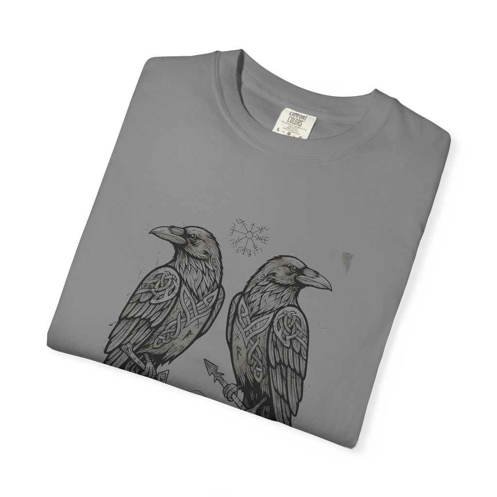 Folded grey Hávamál tee showing the woodcut raven print