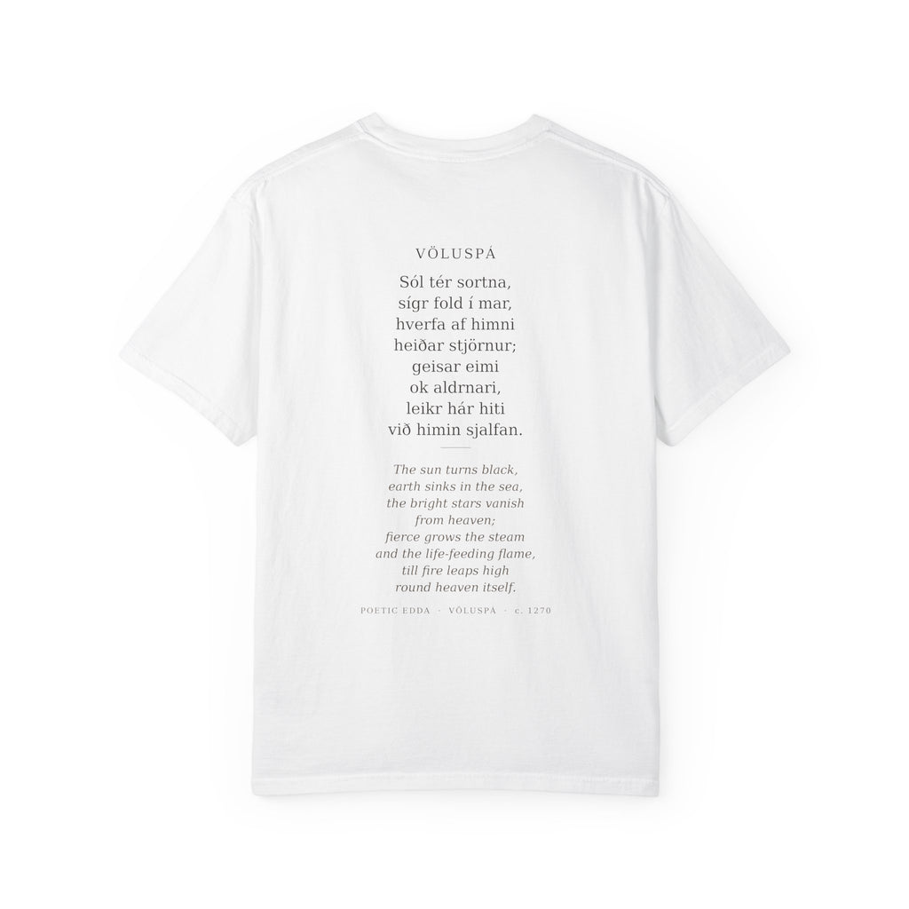 Back of the white Völuspá tee — the full verse in Old Norse with its English translation