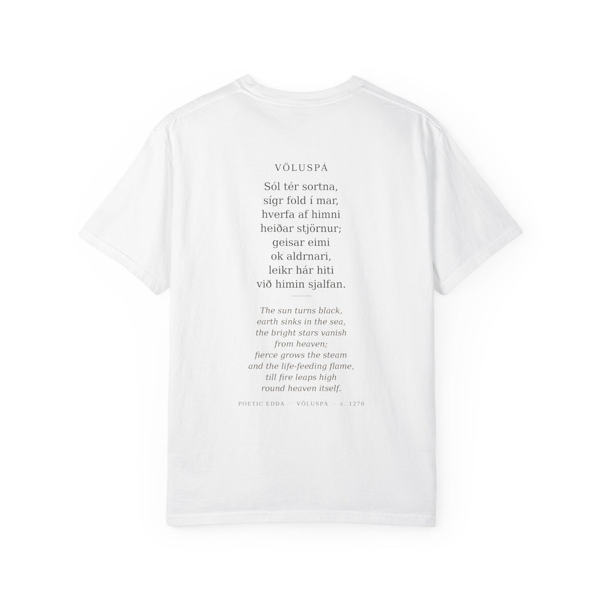 Back of the white Völuspá tee — the full verse in Old Norse with its English translation
