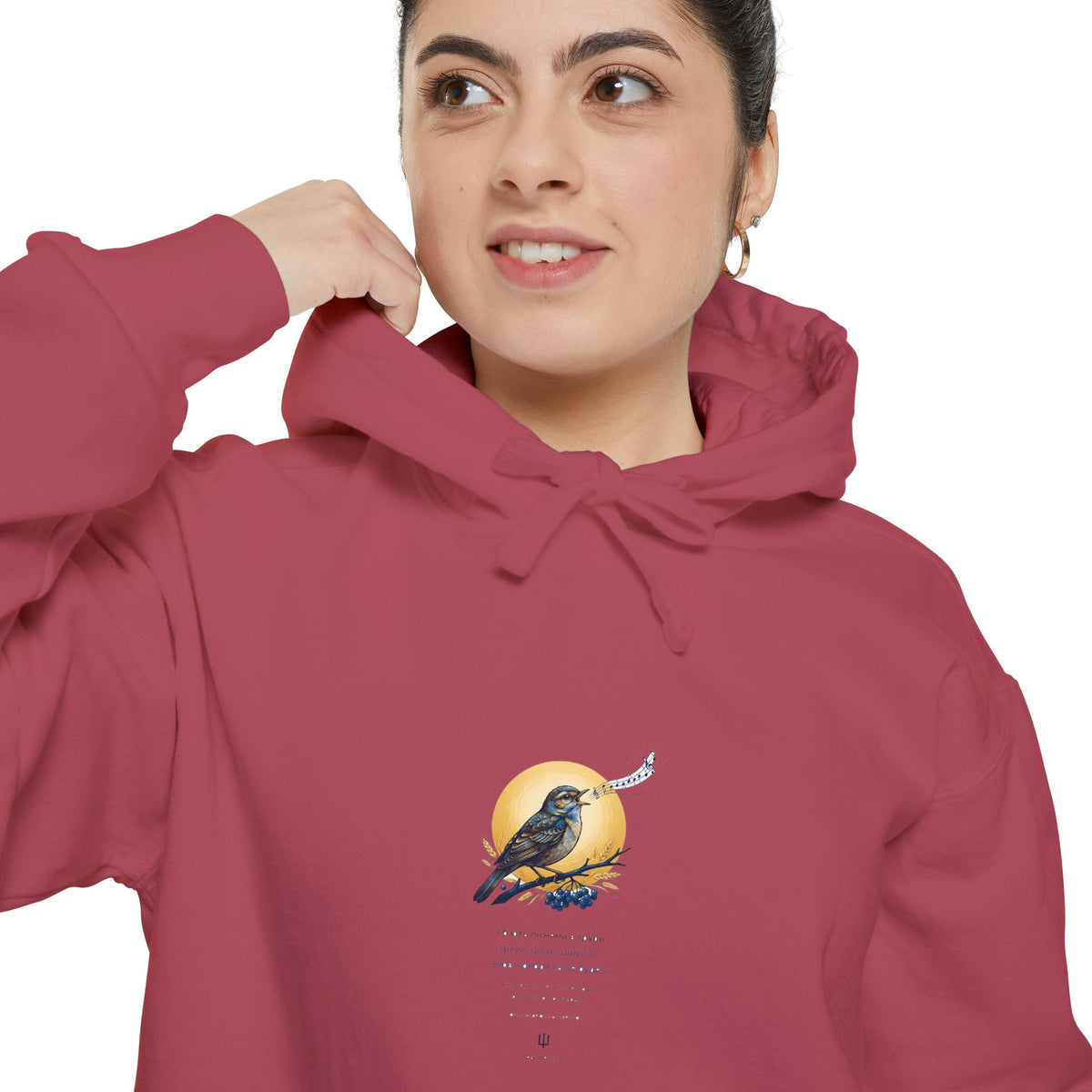 Close-up of the cardinal red Chary Nochi hoodie print by Palimpsest — a nightingale perched against a gold moon