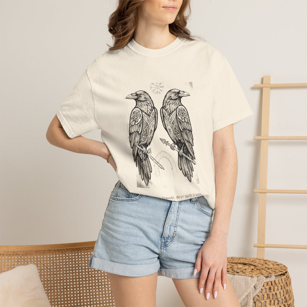 Model wearing the ivory Hávamál tee by Palimpsest