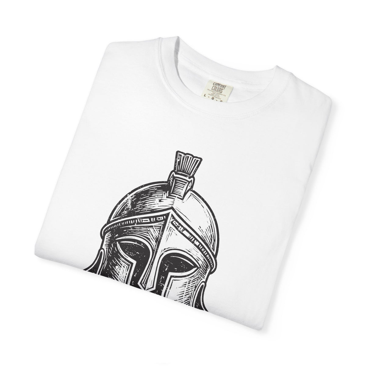 Folded white T-shirt featuring a bold black woodcut illustration of a Corinthian helmet on the front.