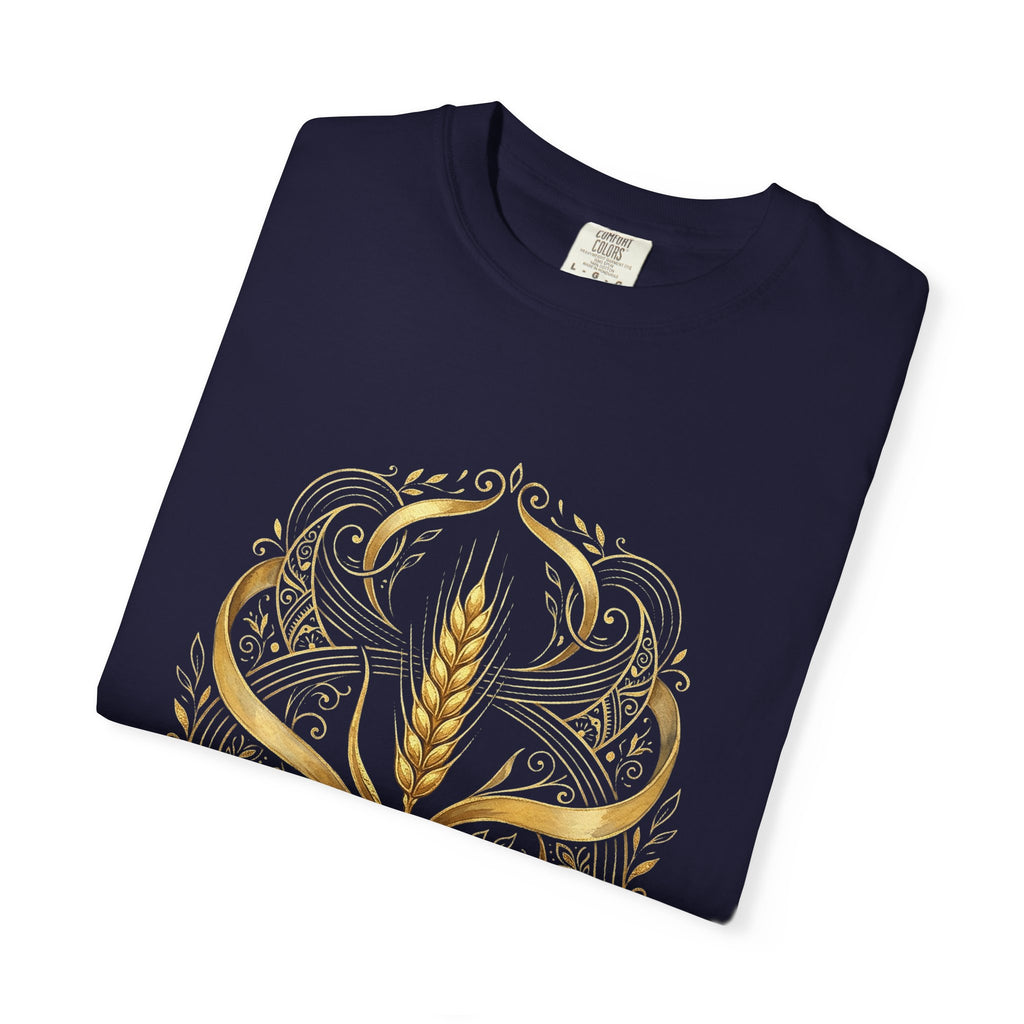 Folded navy Prayer for Ukraine tee showing the front print