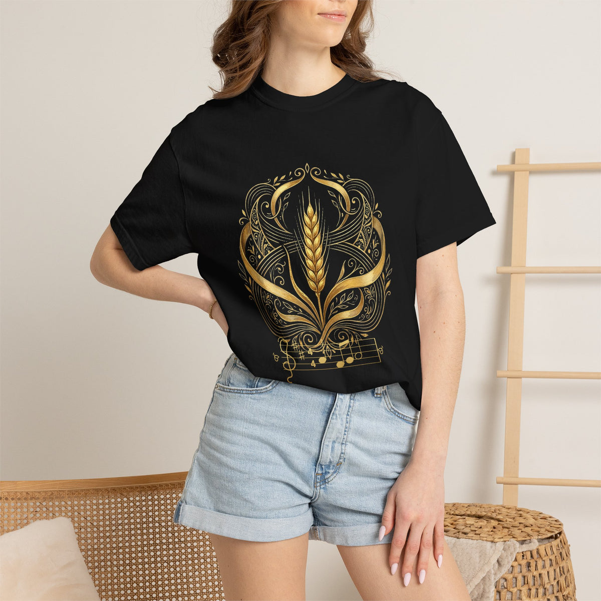 Model wearing the black Prayer for Ukraine tee by Palimpsest