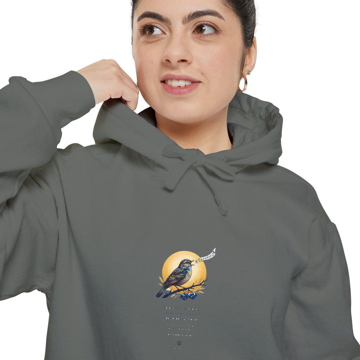Close-up of the charcoal grey Chary Nochi hoodie print by Palimpsest — a nightingale perched against a gold moon
