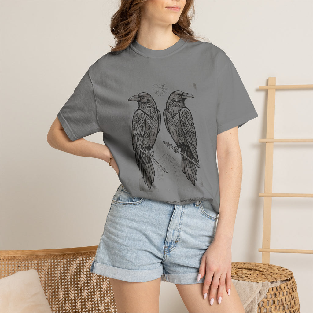 Model wearing the grey Hávamál tee by Palimpsest