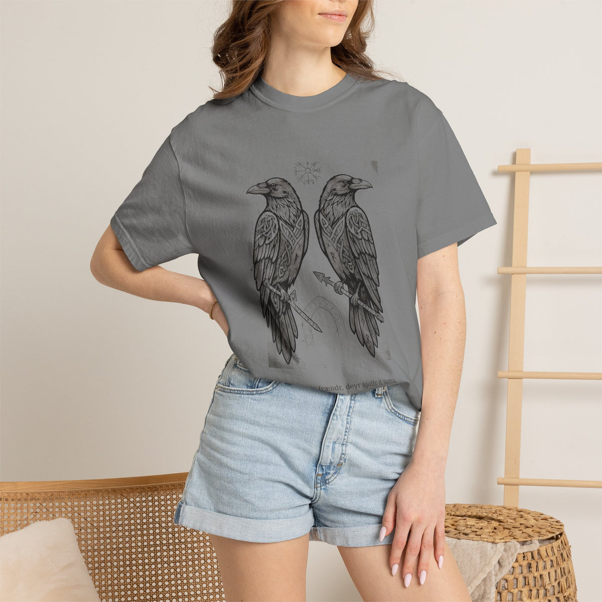Model wearing the grey Hávamál tee by Palimpsest