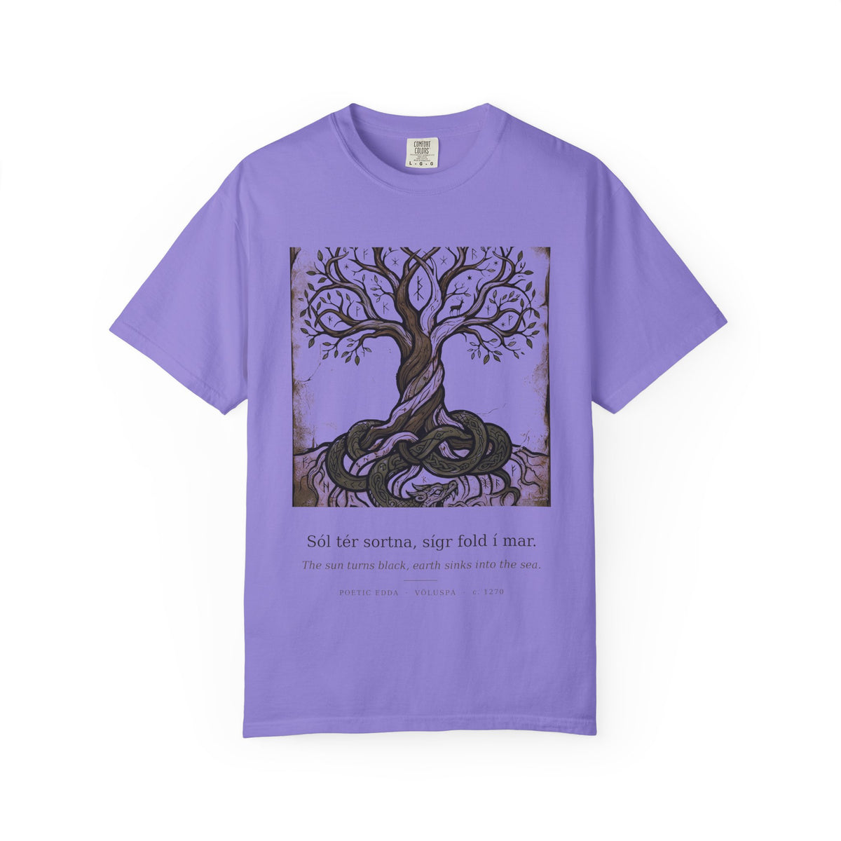 Völuspá tee by Palimpsest — a woodcut Yggdrasil above 'the sun turns black' in Old Norse, on a violet shirt