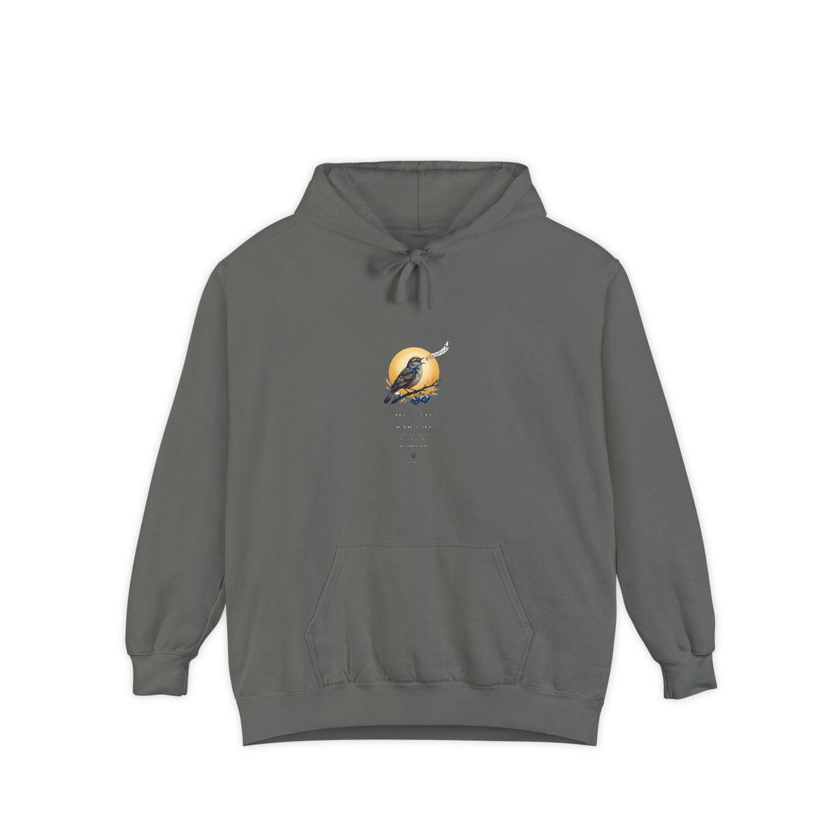 Chary Nochi hoodie by Palimpsest — a nightingale perched against a gold moon, shown flat in charcoal grey