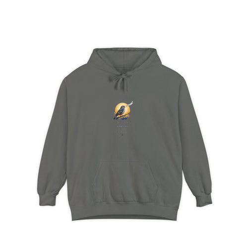 Chary Nochi hoodie by Palimpsest — a nightingale perched against a gold moon, shown flat in charcoal grey