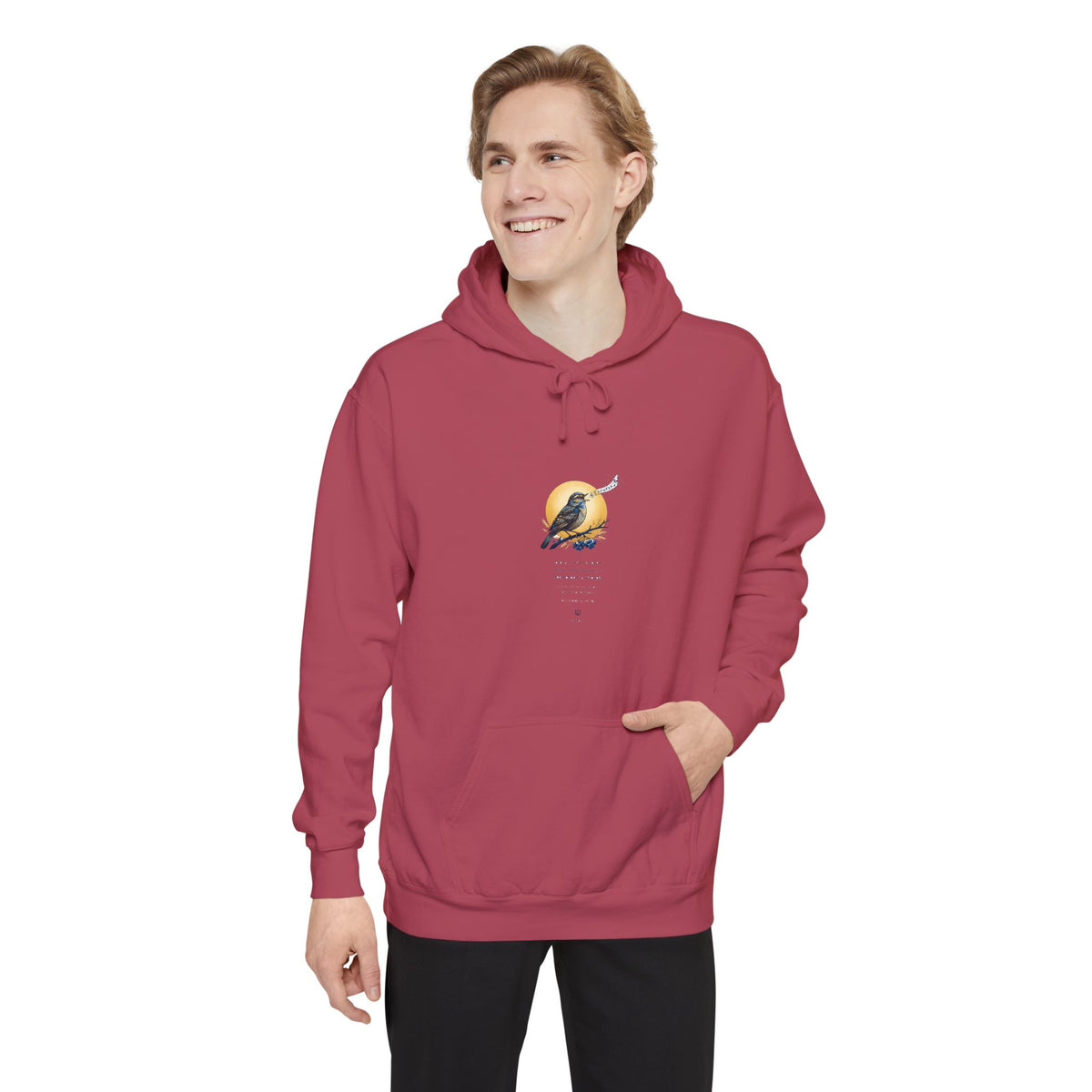 Man wearing the cardinal red Chary Nochi hoodie by Palimpsest