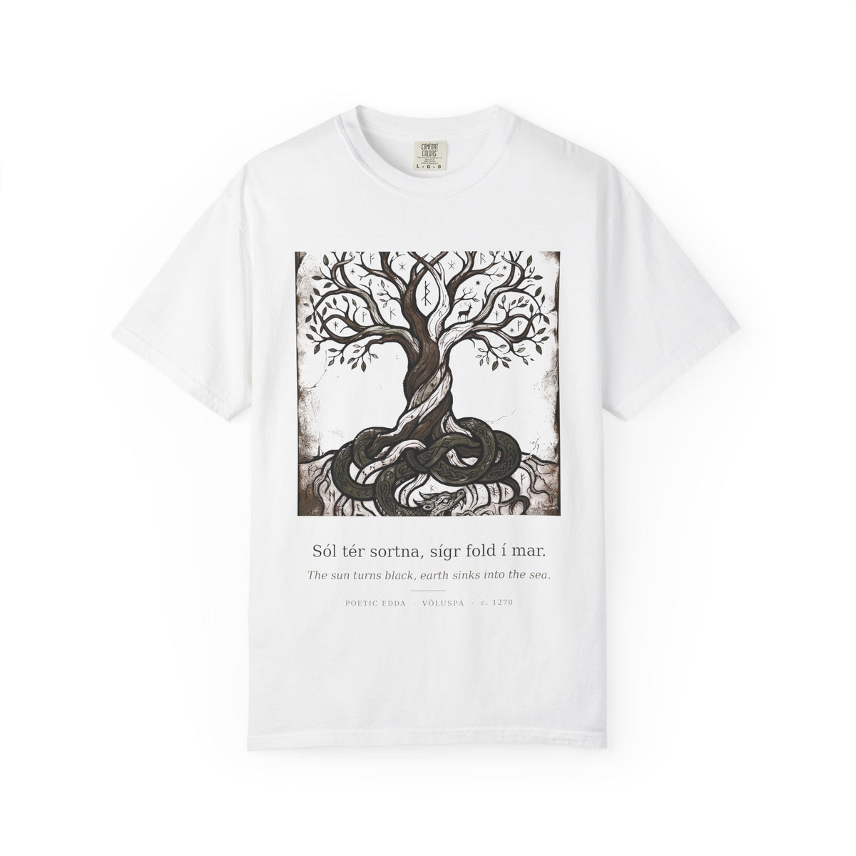 Völuspá tee by Palimpsest — a woodcut Yggdrasil above 'the sun turns black' in Old Norse, on a white shirt