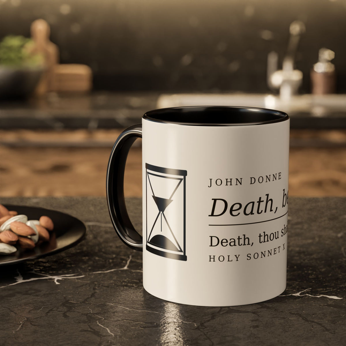 Death Be Not Proud mug with a black handle on a dark kitchen counter