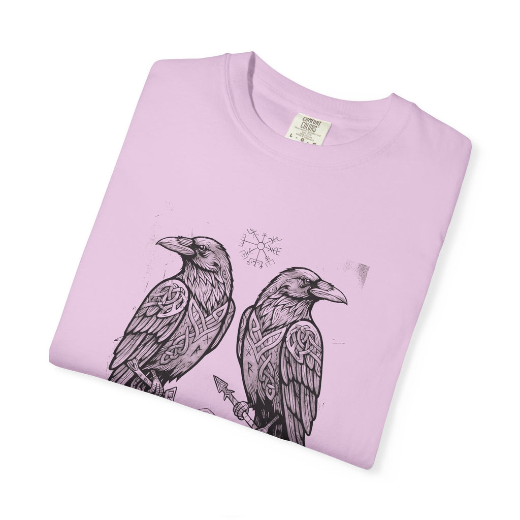 Folded orchid Hávamál tee showing the woodcut raven print