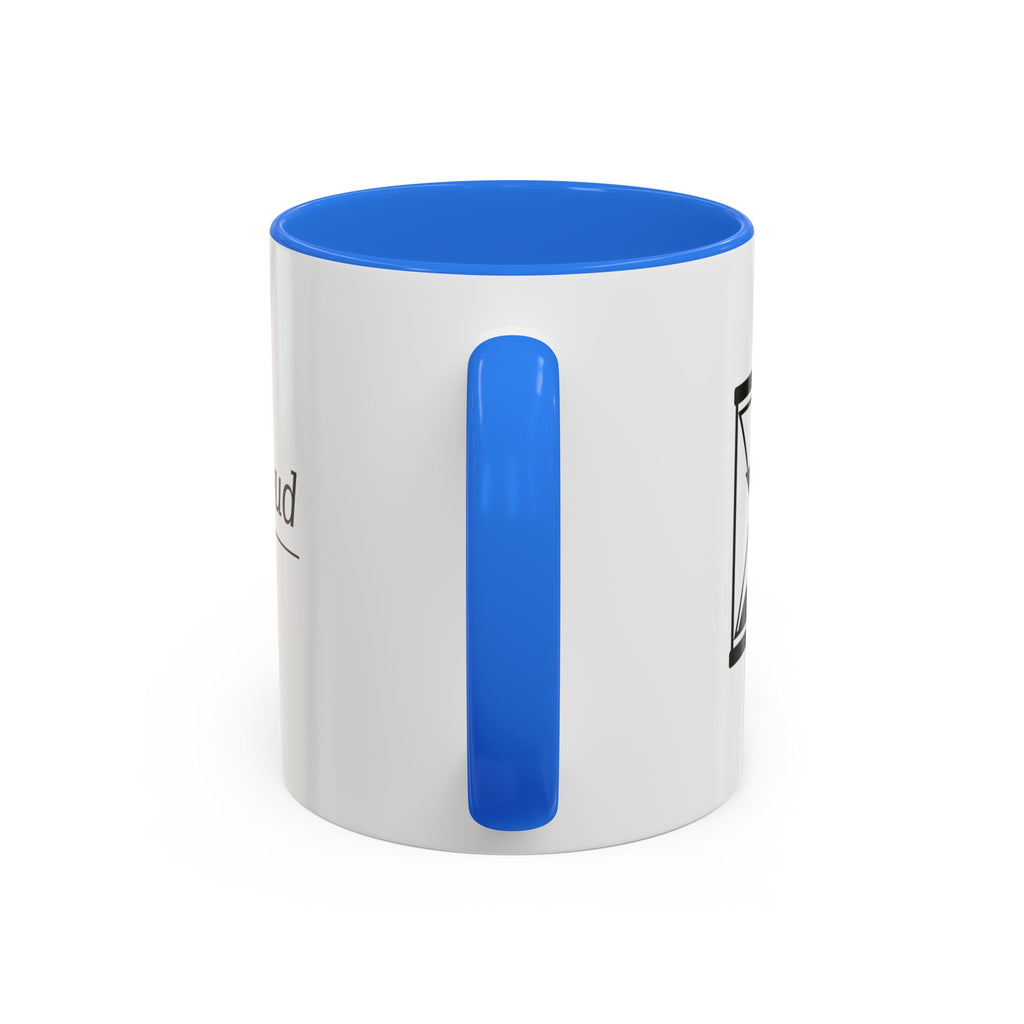 Death Be Not Proud mug, blue handle — head-on view of the handle