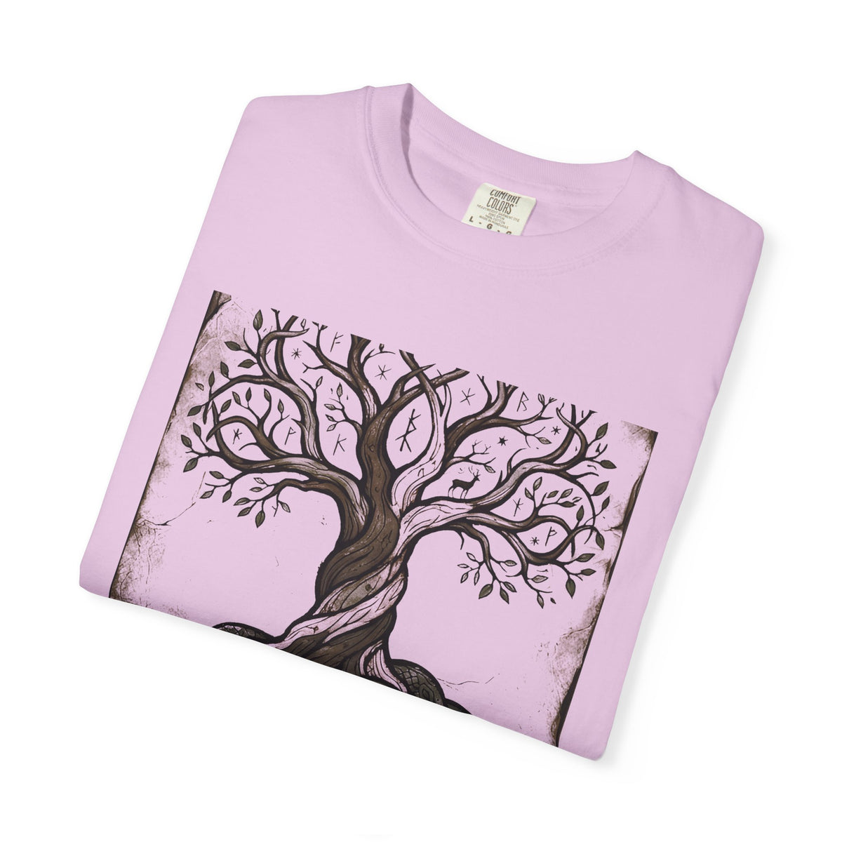 Folded orchid Völuspá tee showing the woodcut Yggdrasil print