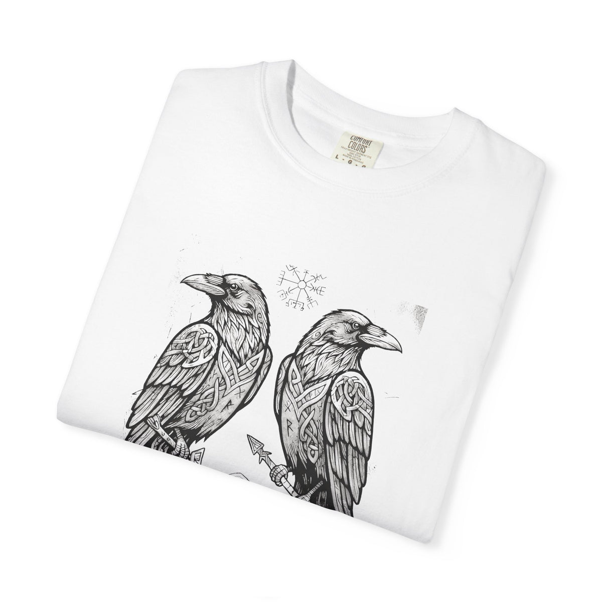 Folded white Hávamál tee showing the woodcut raven print