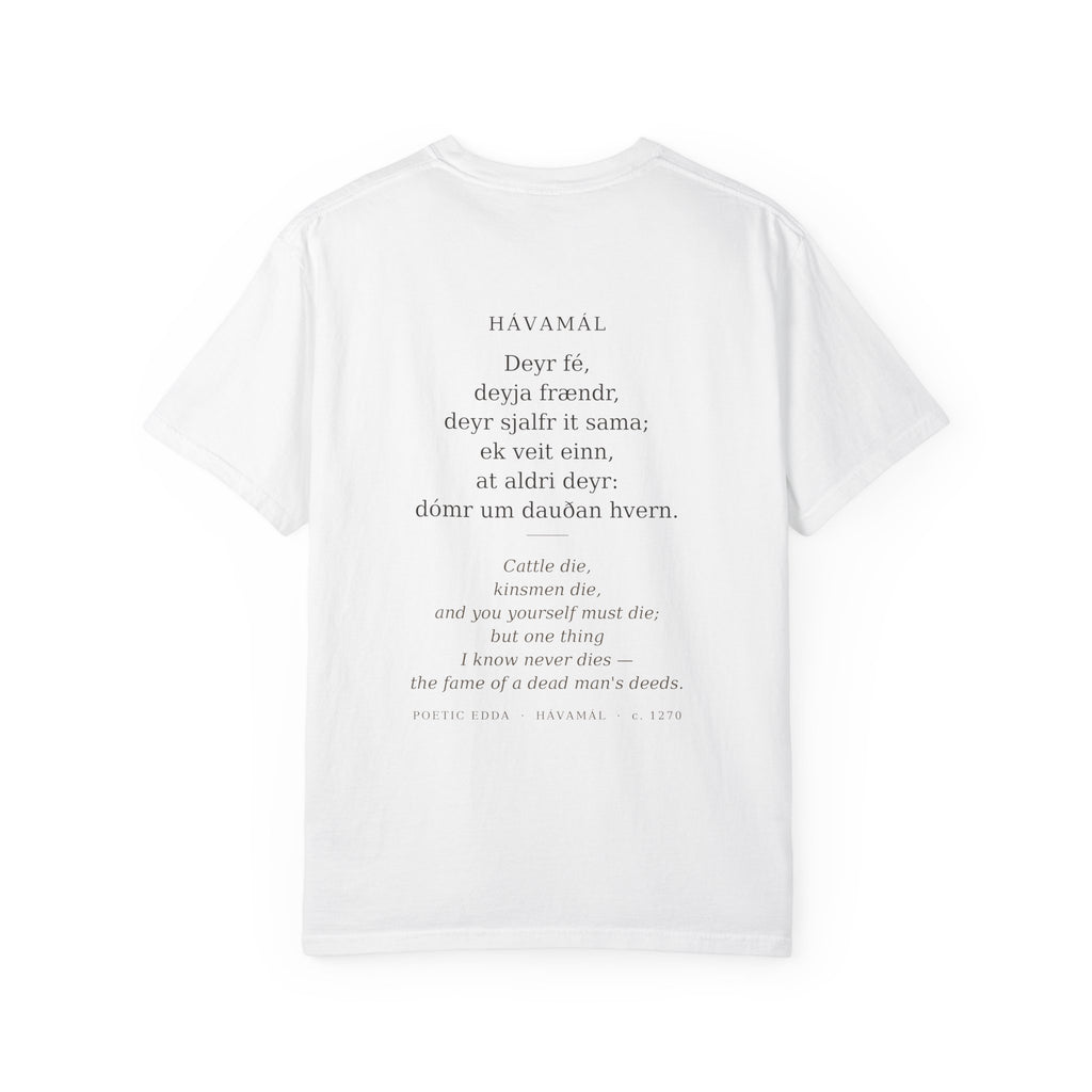 Back of the white Hávamál tee — the full Hávamál verse in Old Norse with its English translation