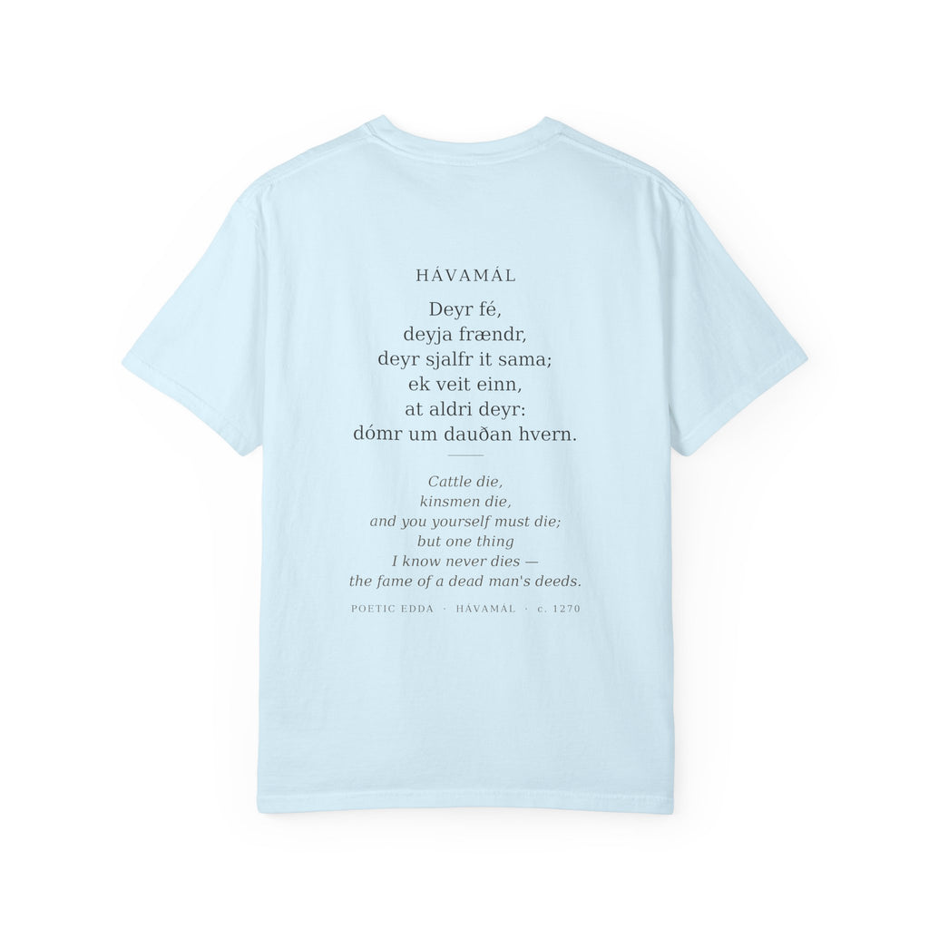 Back of the pale blue Hávamál tee — the full Hávamál verse in Old Norse with its English translation