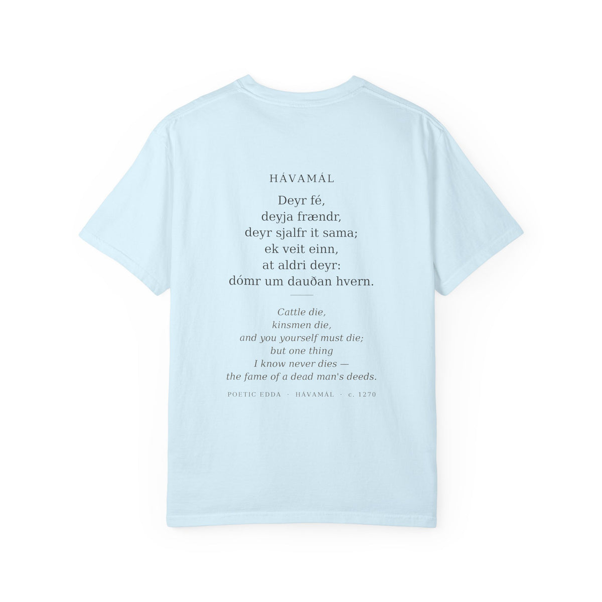 Back of the pale blue Hávamál tee — the full Hávamál verse in Old Norse with its English translation