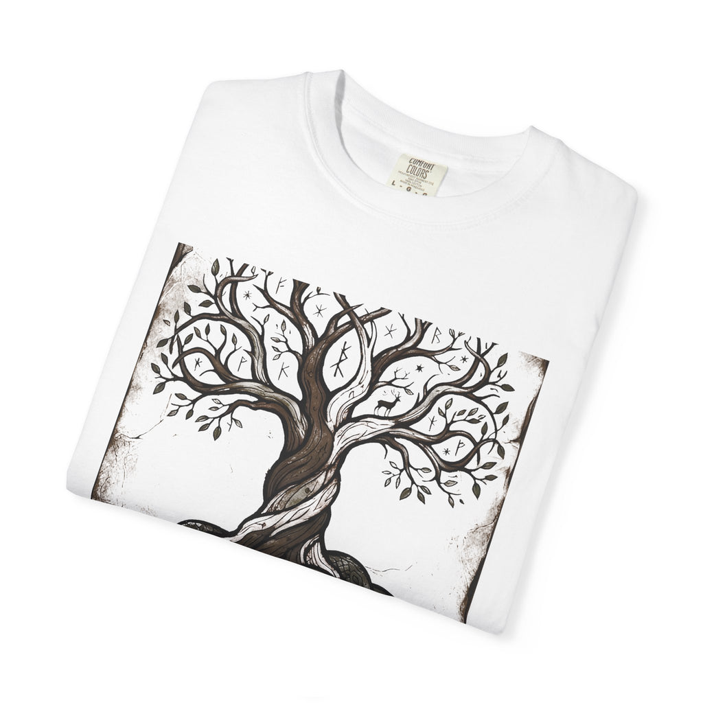 Folded white Völuspá tee showing the woodcut Yggdrasil print