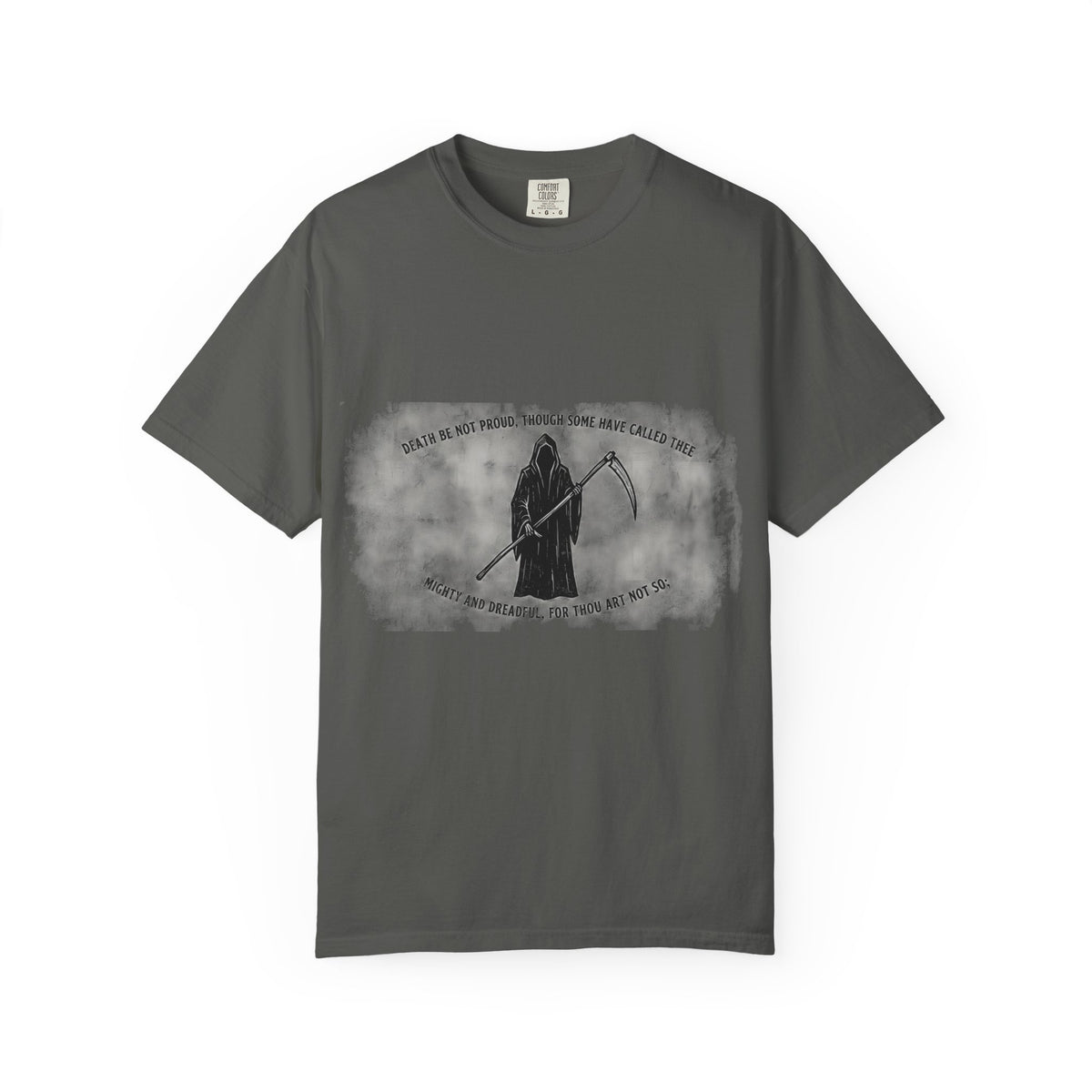 Death Be Not Proud t-shirt by Palimpsest — a cowled reaper holding a scythe, John Donne's sonnet lines curving above and below